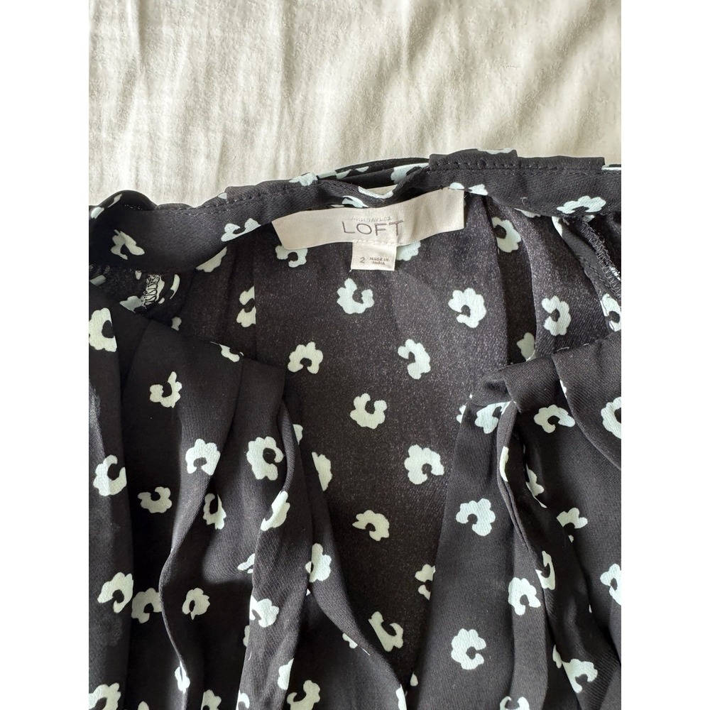 Loft Black Blue Printed Bow Tie Neck Puff Long Sleeve Fit & Flare Dress Sz 2 - Picture 3 of 9
